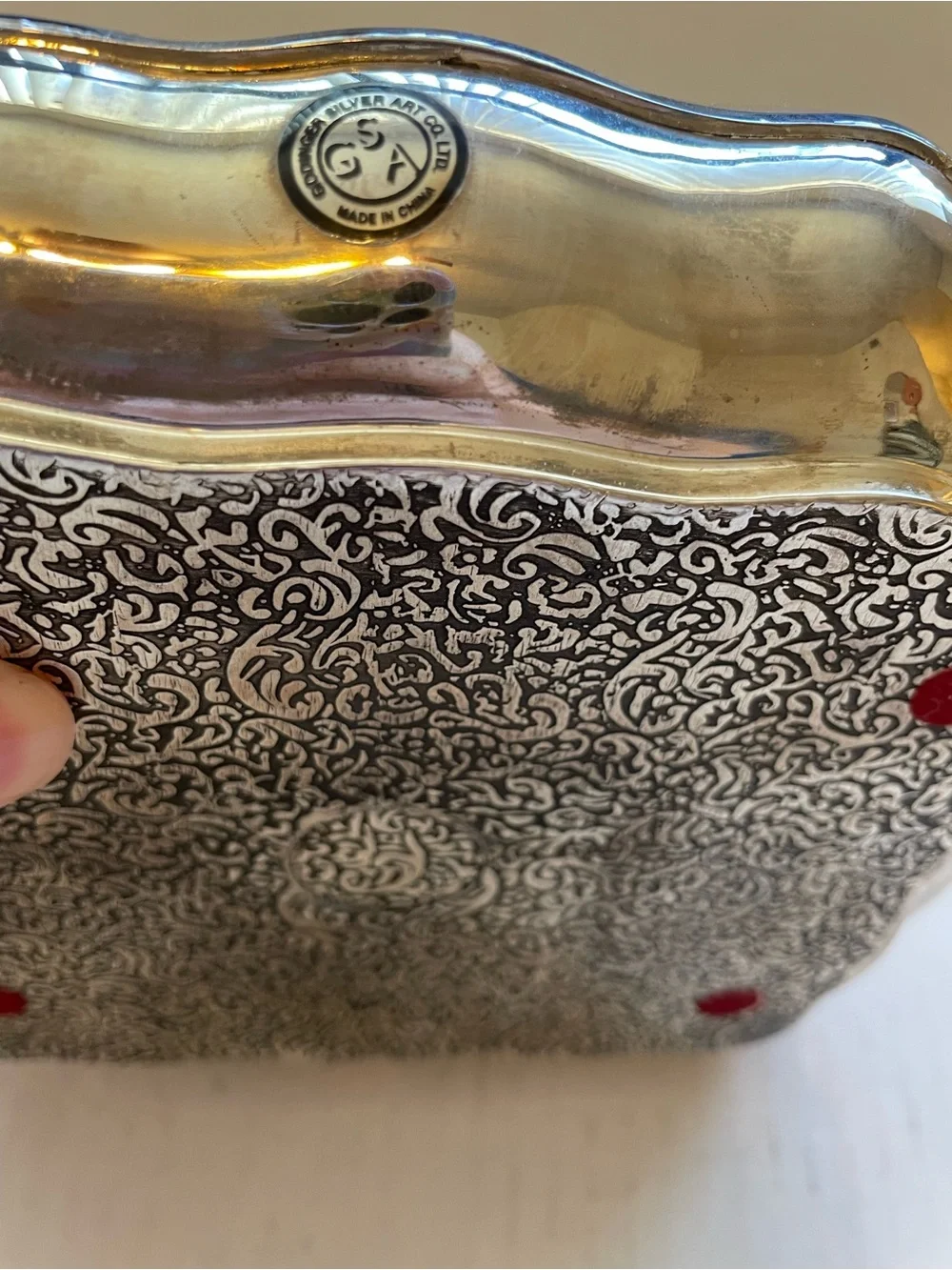 Vintage Godinger Silverplate Victorian Ornate Jewelry Box Red Velvet Lining